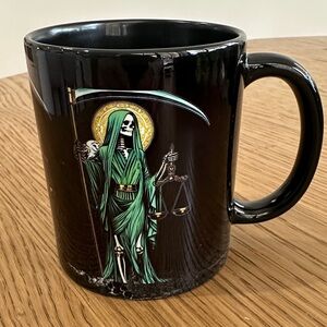 Black Ceramic Mug with Green Grim Reaper Graphic